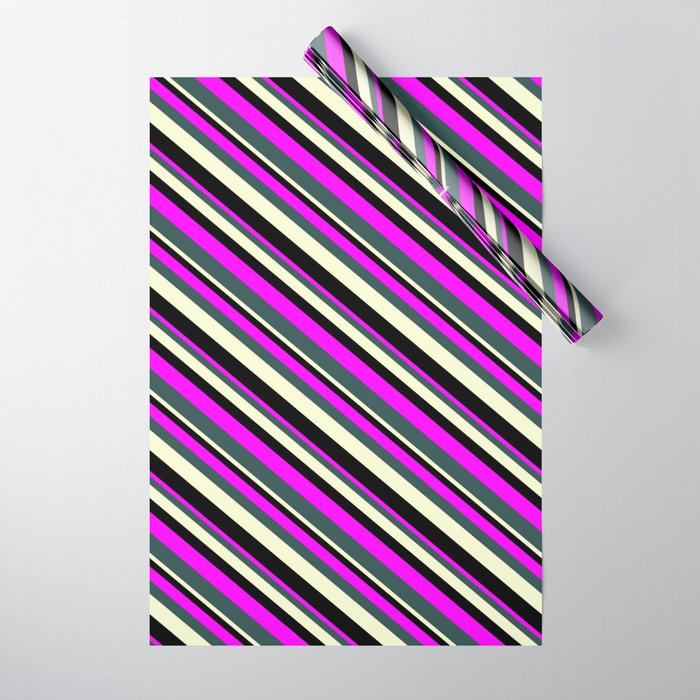 Fuchsia, Dark Slate Gray, Light Yellow, and Black Colored Lined Pattern Wrapping Paper