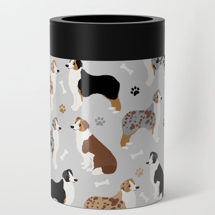 Australian Shepherd Dog Aussie Dogs Pattern Gray Can Cooler