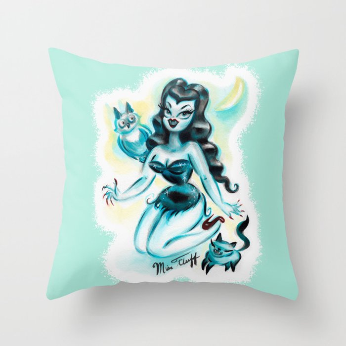 Retro Vampire Pinup with Owl and Kitten Throw Pillow