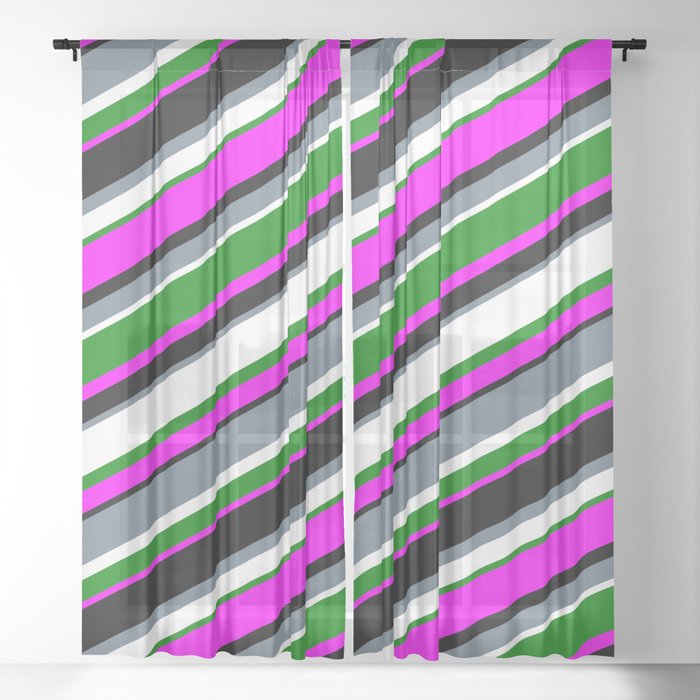 Eyecatching Slate Gray, White, Green, Fuchsia, and Black Colored Striped Pattern Sheer Curtain