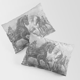 HORSES black & white illustration  Pillow Sham