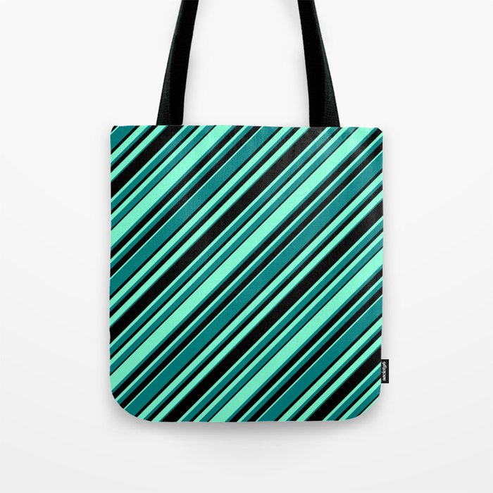 Aquamarine, Teal, and Black Colored Pattern of Stripes Tote Bag