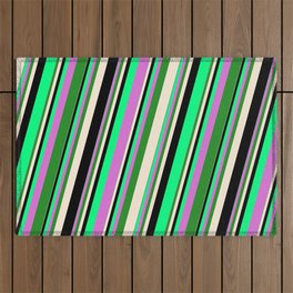 [ Thumbnail: Vibrant Green, Orchid, Forest Green, Beige & Black Colored Striped Pattern Outdoor Rug ]