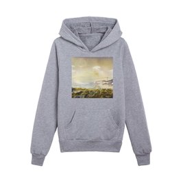Mist covered landscape painting with buildings.  Landscape watercolor painting fine art land Kids Pullover Hoodies
