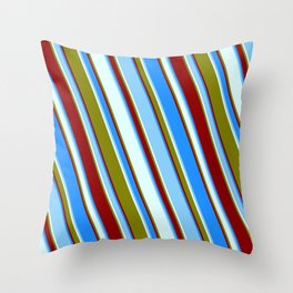 [ Thumbnail: Vibrant Blue, Light Sky Blue, Light Cyan, Green & Dark Red Colored Lined/Striped Pattern Throw Pillow ]