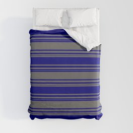 [ Thumbnail: Blue and Dim Grey Colored Stripes Pattern Duvet Cover ]