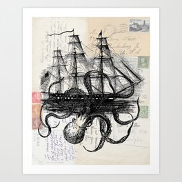 Octopus Kraken Attacking Ship on Old Postcards Art Print