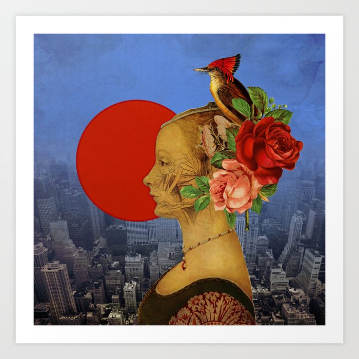 woman with birds and flowers hat Art Print