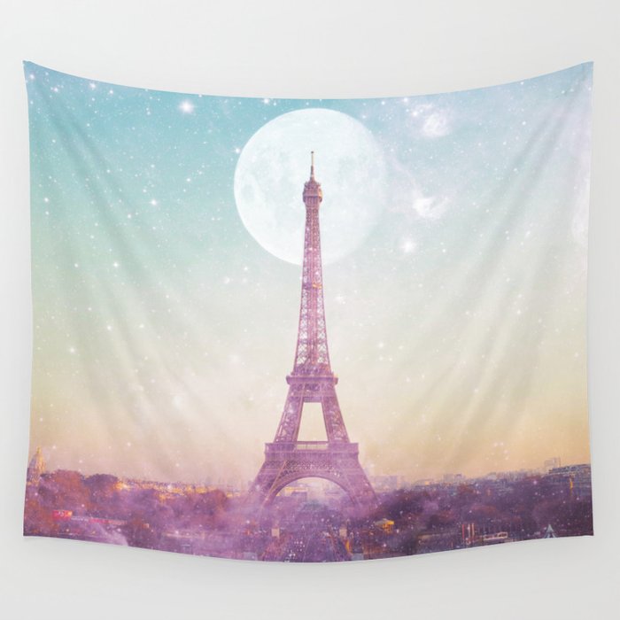 I LOVE PINK PARIS EIFFEL TOWER - Full Moon Universe Wall Tapestry