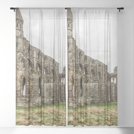 Great Britain Photography - Whitby Abbey Under The Gray Cloudy Sky Sheer Curtain