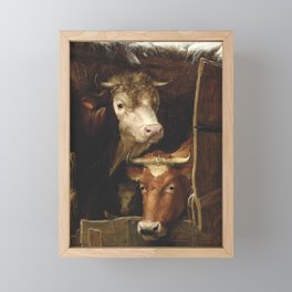 Cow Artwork of two  1800's Cows in an Antique and Vintage Looking Farming Scene  Framed Mini Art Print
