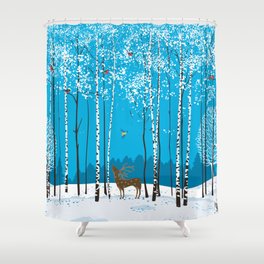 Birch trees with herds of bullfinches and various animals around a winter forest Shower Curtain
