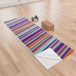 [ Thumbnail: Chocolate, Indigo & Sky Blue Colored Stripes Pattern Yoga Towel ]