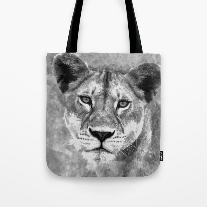 Grayscale Female Lion Digital Art Tote Bag