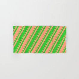 [ Thumbnail: Light Salmon & Lime Green Colored Lines Pattern Hand & Bath Towel ]