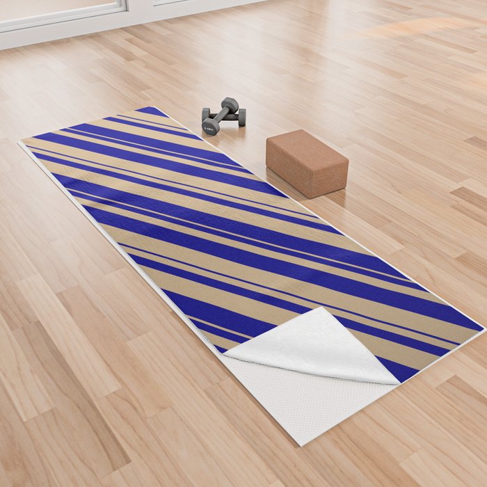 Tan & Dark Blue Colored Stripes/Lines Pattern Yoga Towel