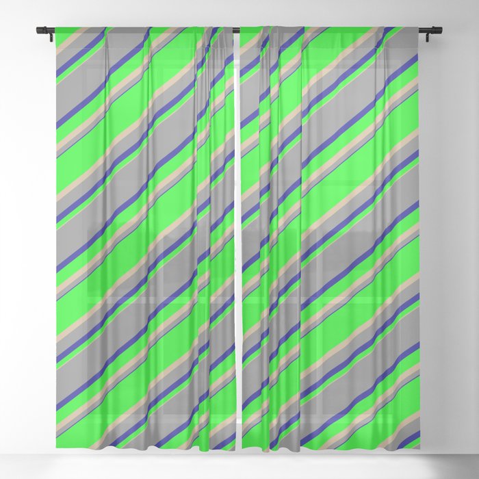Lime, Tan, Grey & Dark Blue Colored Lined/Striped Pattern Sheer Curtain