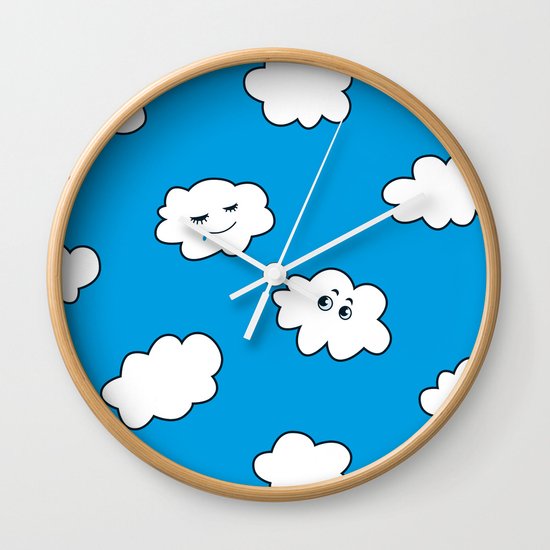 Blue Sky Happy Funny Clouds Wall Clock