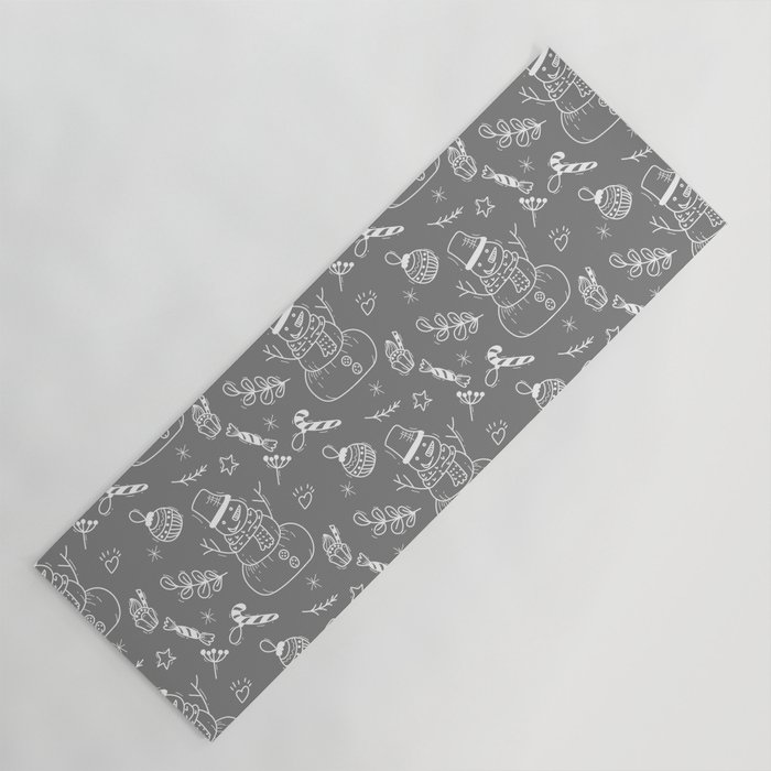 Grey and White Christmas Snowman Doodle Pattern Yoga Mat