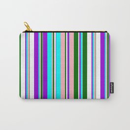 [ Thumbnail: Eye-catching Dark Violet, Cyan, Light Pink, Dark Green, and White Colored Lined Pattern Carry-All Pouch ]