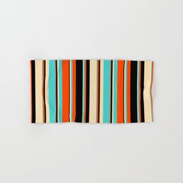 [ Thumbnail: Red, Black, Tan & Turquoise Colored Lined/Striped Pattern Hand & Bath Towel ]
