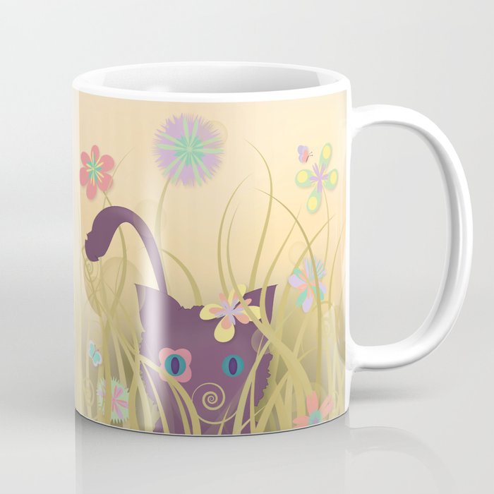 Wild Kitty Cat, Spring Blooming Flowers, Golden Beige Sky Coffee Mug