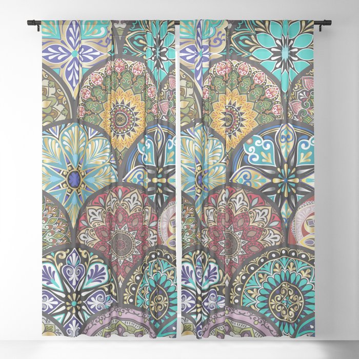 Colorful floral seamless pattern from circles with mandala in patchwork boho chic style Sheer Curtain