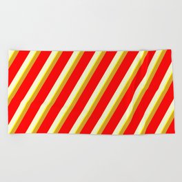 [ Thumbnail: Goldenrod, Red, Light Yellow & Yellow Colored Striped/Lined Pattern Beach Towel ]