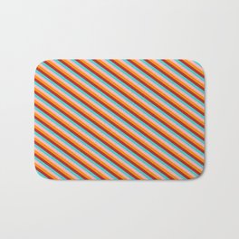 [ Thumbnail: Light Pink, Dark Orange, Red, and Turquoise Colored Stripes Pattern Bath Mat ]