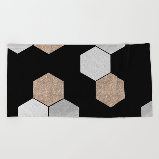 Geometric marble and rose gold on black Beach Towel