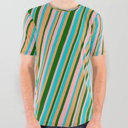 [ Thumbnail: Light Pink, Dark Turquoise, Brown & Dark Green Colored Lines Pattern All Over Graphic Tee ]