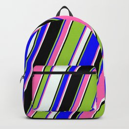[ Thumbnail: Eye-catching Green, Blue, Hot Pink, Mint Cream & Black Colored Pattern of Stripes Backpack ]