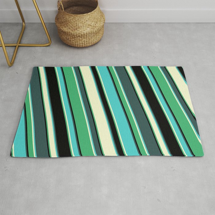 Colorful Dark Slate Gray, Turquoise, Light Yellow, Sea Green, and Black Colored Lined Pattern Rug