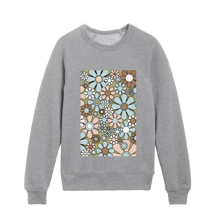 Retro Garden Flowers Groovy 60s 70s Spring Floral Pattern Green Taupe and Pale Turquoise Kids Crewneck