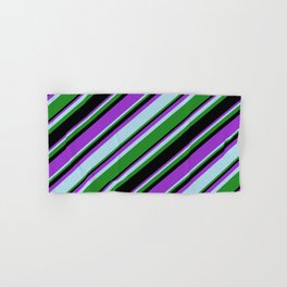 [ Thumbnail: Dark Orchid, Light Blue, Forest Green, and Black Colored Stripes/Lines Pattern Hand & Bath Towel ]
