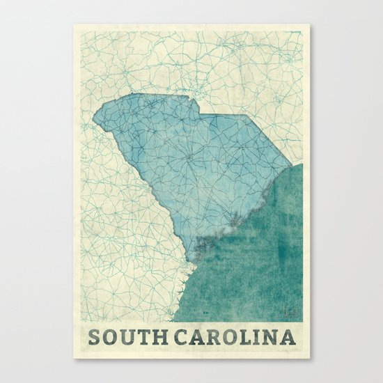 South Carolina State Map Blue Vintage Canvas Print