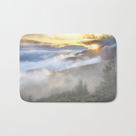 Sunrise and Dust - Mountains - Forest - Wood - Trees - Fog Bath Mat