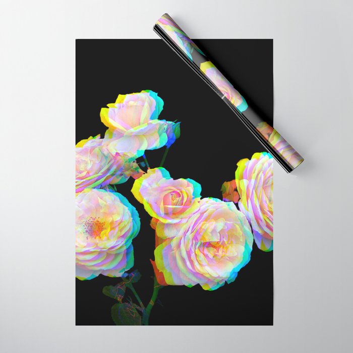 Pale Pink Roses on Black with Glitch Wrapping Paper
