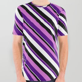 [ Thumbnail: Orchid, Indigo, White, and Black Colored Stripes/Lines Pattern All Over Graphic Tee ]