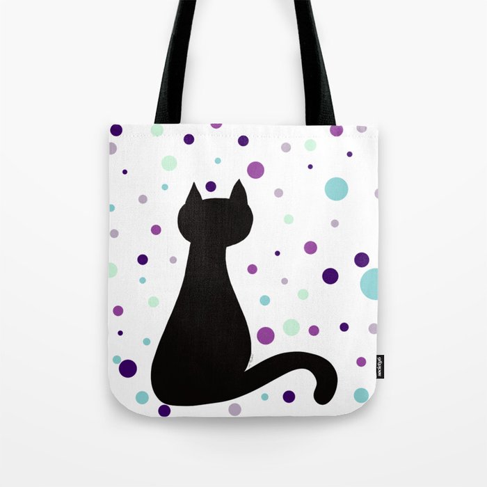 Black Cat Party! Tote Bag | Drawing, Digital, Black-cat, Black-cat-party, Black-cat-polka-dots, Purple-and-teal, Black-cat-gifts, Cat-gifts, Cat-lover-gift, Holiday-gift