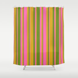 [ Thumbnail: Green, Goldenrod & Hot Pink Colored Lined Pattern Shower Curtain ]
