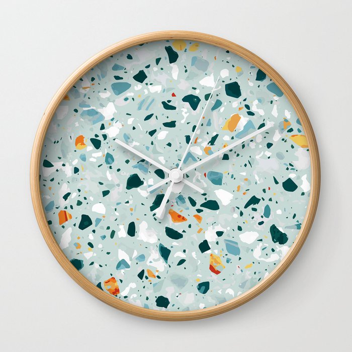 Mint Terrazzo, Eclectic Marble Texture Pattern, Colorful Neutral Pastel Illustration, Floor Tiles Wall Clock