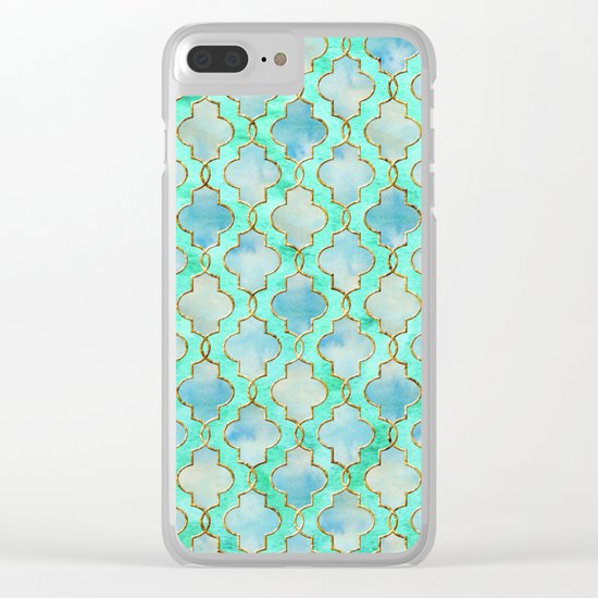 Luxury Aqua Teal Mint and Gold oriental quatrefoil pattern Clear iPhone Case