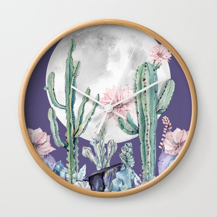 Desert Cactus Full Moon Succulent Garden on Purple Wall Clock
