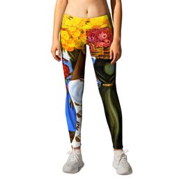Calla lily, sunflowers, peonies, dahlia flower sellers, Mexico portrait painting by Bennilover Leggings