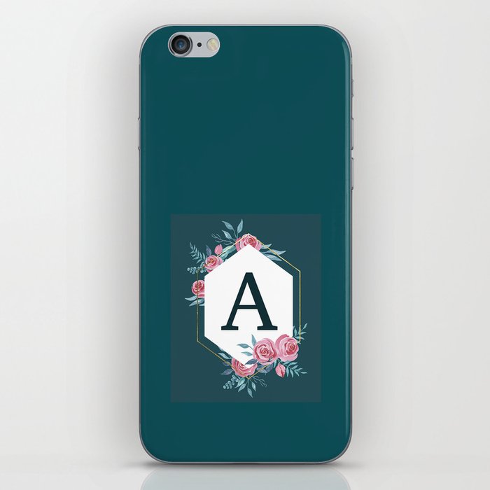 Personalized initial letter A monogram in floral frame on green iPhone Skin