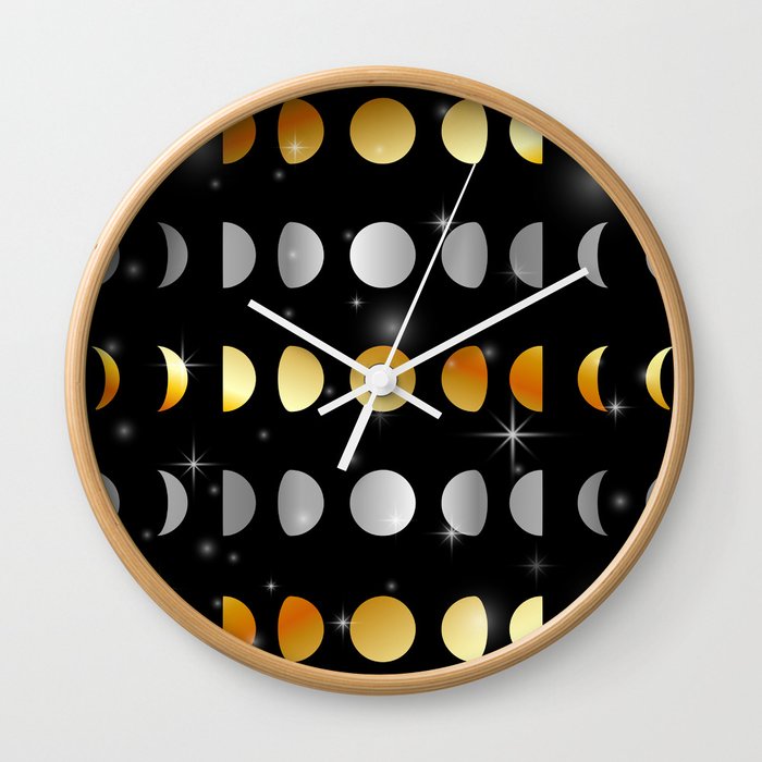 Celestial Moon phases and stars in silver and gold Wall Clock