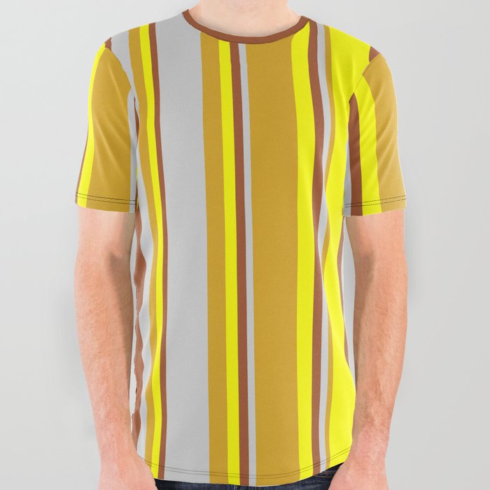Goldenrod, Light Gray, Sienna, and Yellow Colored Stripes Pattern All Over Graphic Tee