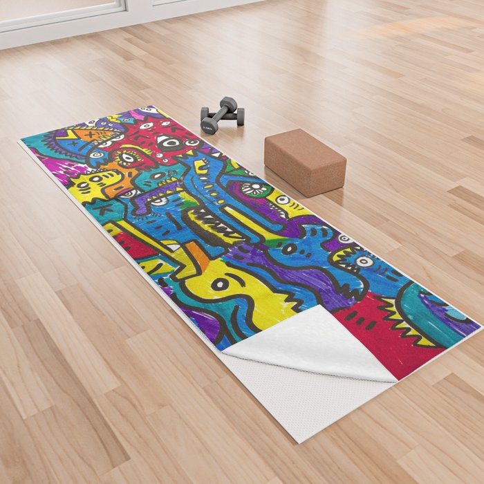 Joyful and Colorful Graffiti Creatures Felt Pen on Paper Yoga Towel