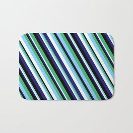 [ Thumbnail: Eye-catching Sea Green, Light Sky Blue, Mint Cream, Midnight Blue, and Black Colored Lined Pattern Bath Mat ]
